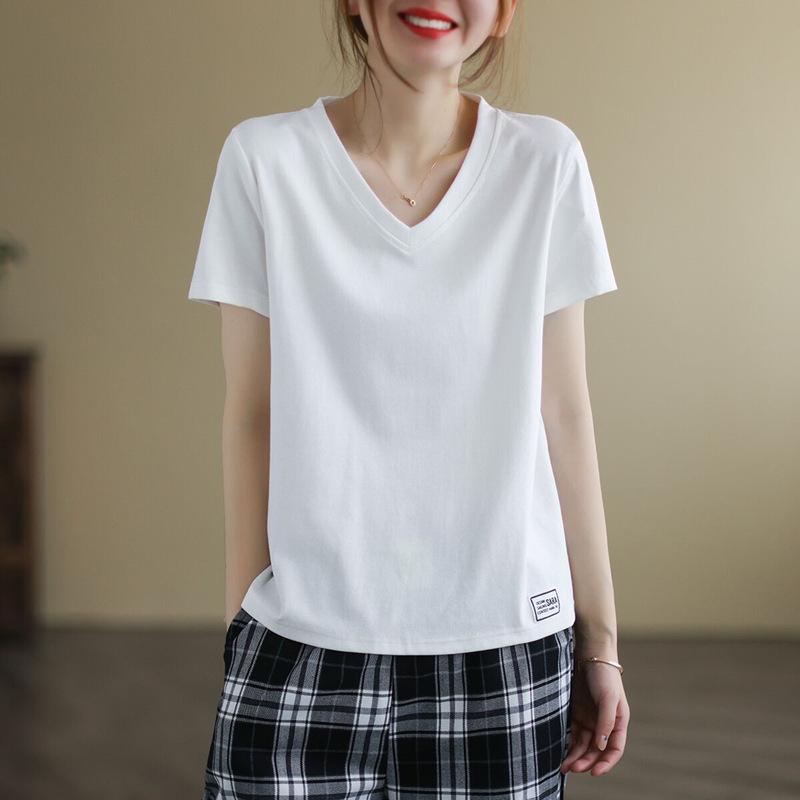 New Summer Short-sleeved T-shirt for Women Loose V-neck Casual Patch Base Shirt Top Literary and Comfortable Feeling Loose