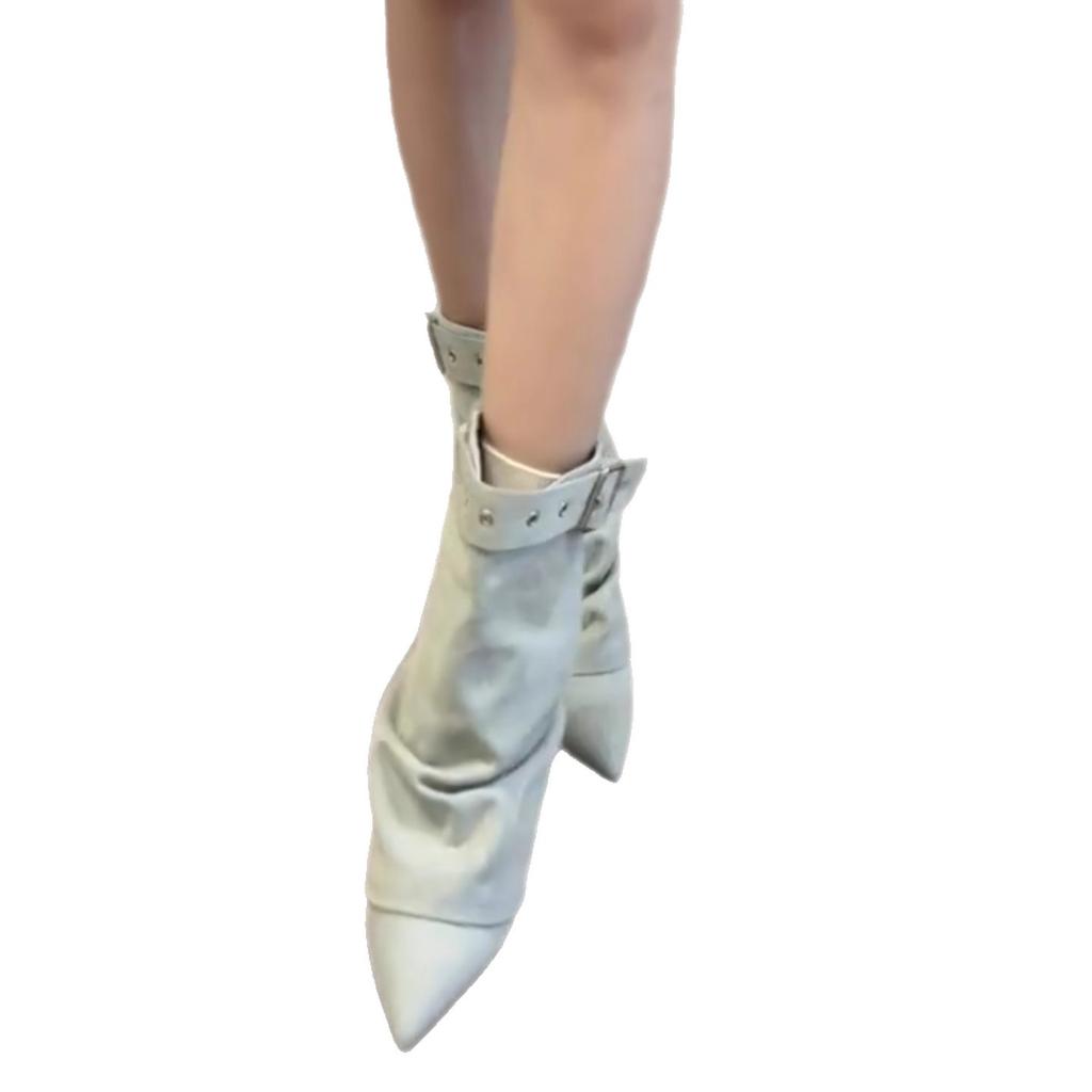 Cowhide version! Niche design sense pointed tip thin heel short boots women's 2025 new pleated pile boots high heel pant tube boots