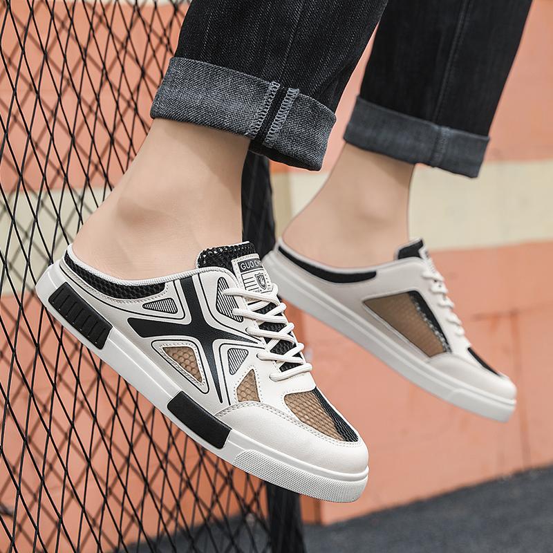Oversized men's canvas shoes mesh half tray shoes summer sports and leisure fashionable hollow breathable sandals lazy slippers