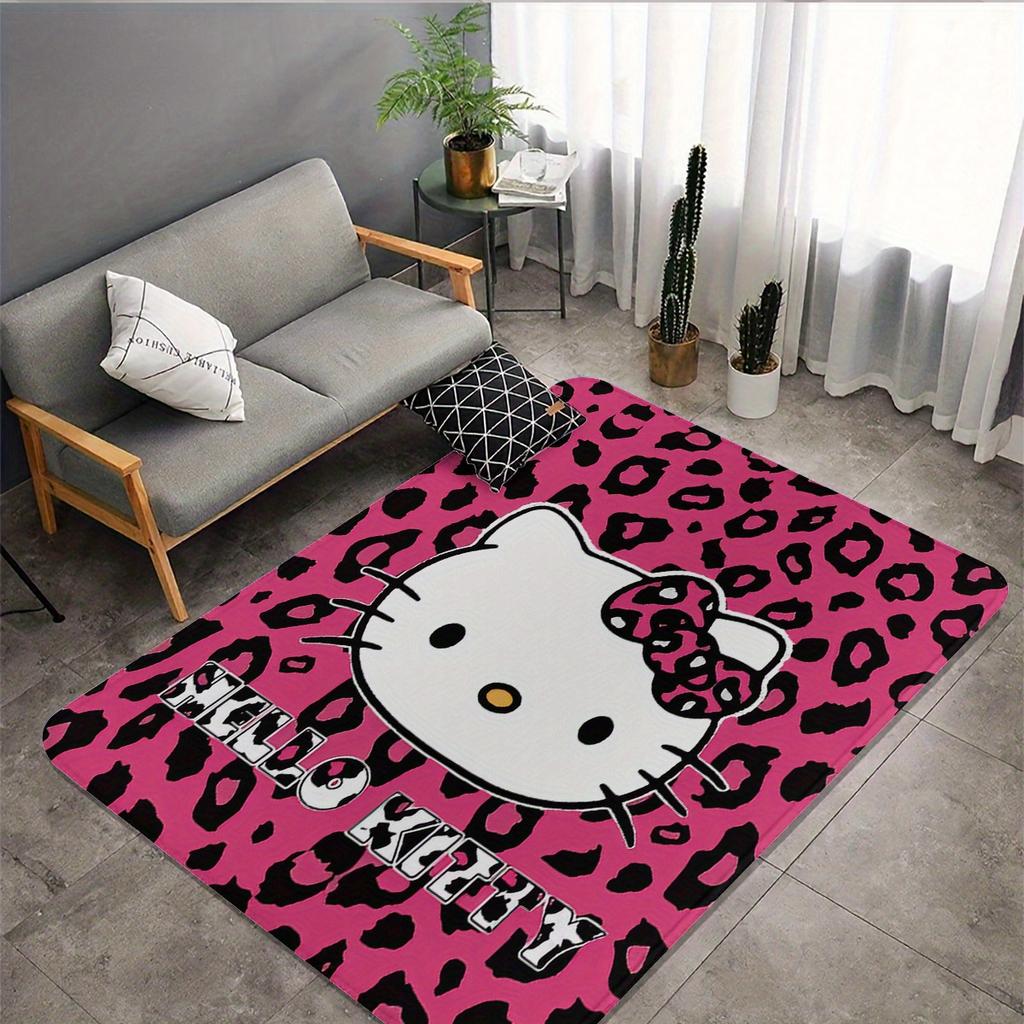 1pc for Hello Kitty Non-Slip Area Mat - Pink & Black Leopard Print, Washable Flannel Mat for Bedroom, Living Room, or Indoor U