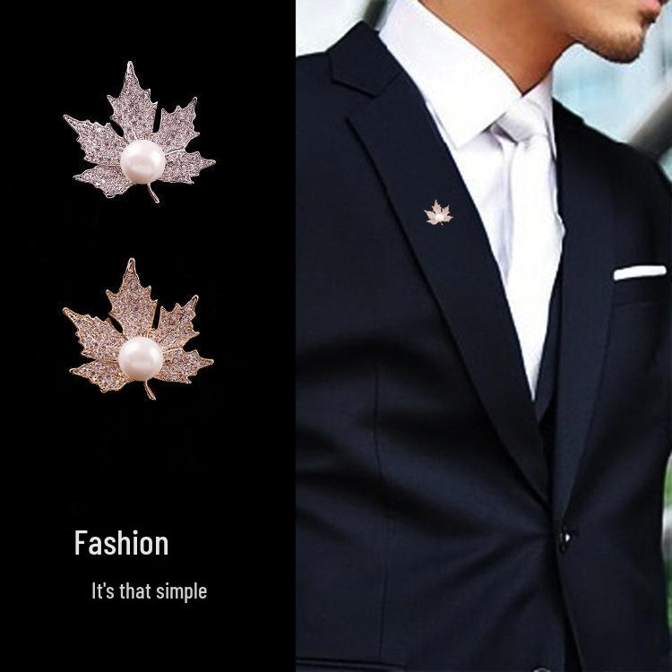 Crystal Maple Leaf Pearl Brooch - Elegant Women's Zircon Corsage Accessory