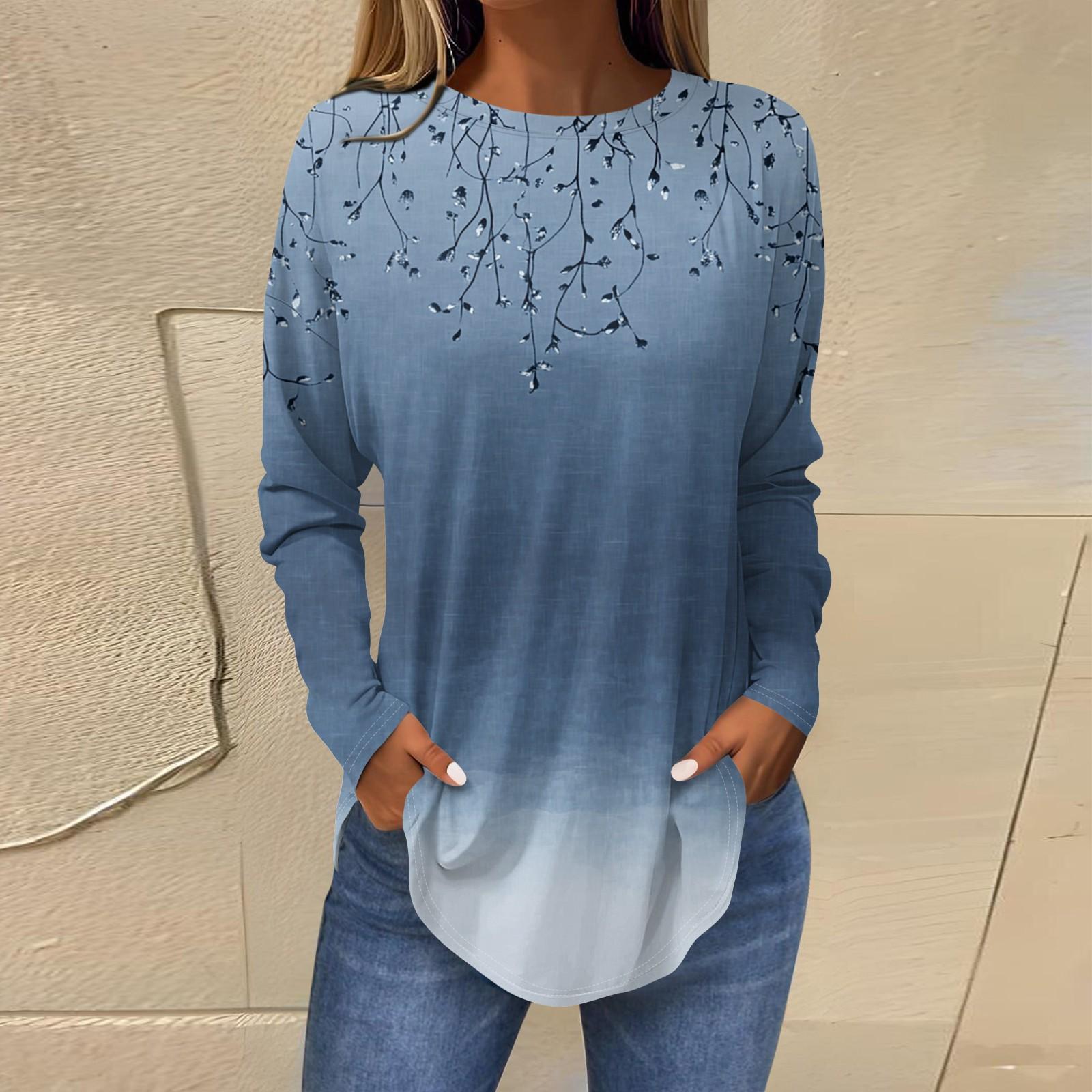 

Женская свободная футболка с длинным рукавом с круглым вырезом и принтом, верхний пуловер XXXL темно-синий