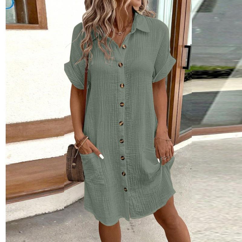 Summer Women's Fashion Simple Sexy V-neck Button Single Breasted Short Sleeve With Pocket Dress Women's Wear