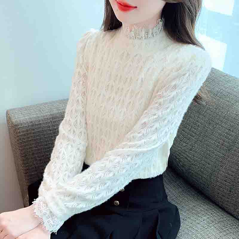 Winter Fashion New 2024 Long Sleeve Stand Collar Apricot Velvet Lace Blouse Shirt Women Tops Blouses Shirts J784