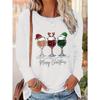 Women's Christmas Graphic Print Long Sleeve T-Shirt - Festive Holiday Crew Neck Top with Santa Hat & Snowflake Wine Glass Design