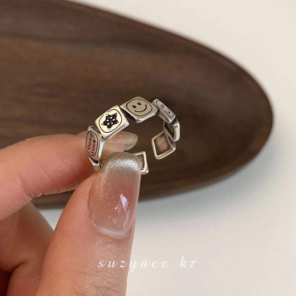 Retro Smiley Face Open Ring: Niche Design for Women, Index/Pinky Fit