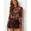 Women's Long Sleeve T-shirt Slim Fit Stand Collar Mesh Retro Printed Floral Women's T-Shirts Fashion Elegant Sexy See Through Base Female Tee Tops