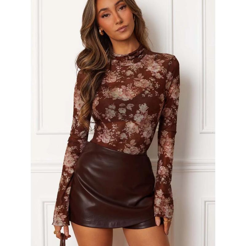 Women's Long Sleeve T-shirt Slim Fit Stand Collar Mesh Retro Printed Floral Women's T-Shirts Fashion Elegant Sexy See Through Base Female Tee Tops