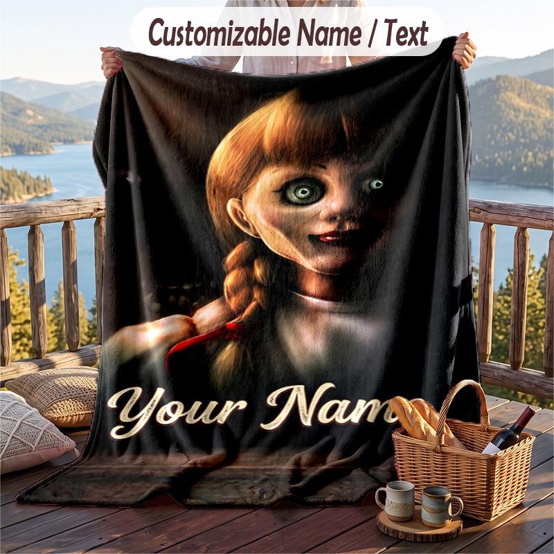 Custom Text Flannel Throw Blanket, Lightweight Cozy Bed Sofa BlanketThe Conjuring Annabelle