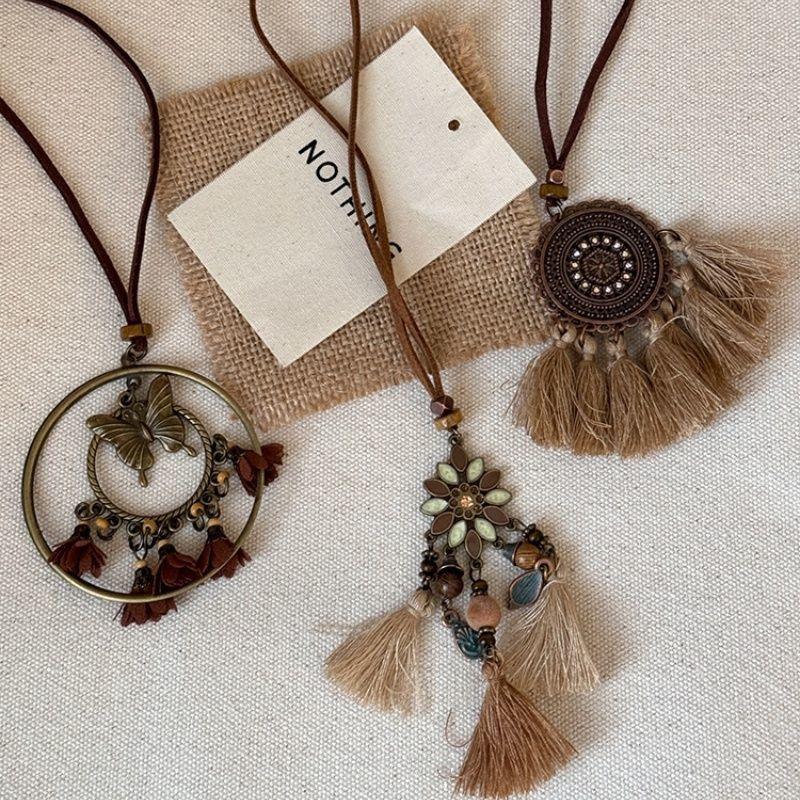 Bohemian Coffee Vintage Tassel Necklace, Ethnic Butterfly Pendant, 2025 Sweater Chain.