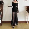 Autumn and Winter New Women's Clothing Solid Color Temperament Sexy One-word Collar High Waist Waist Dress Women