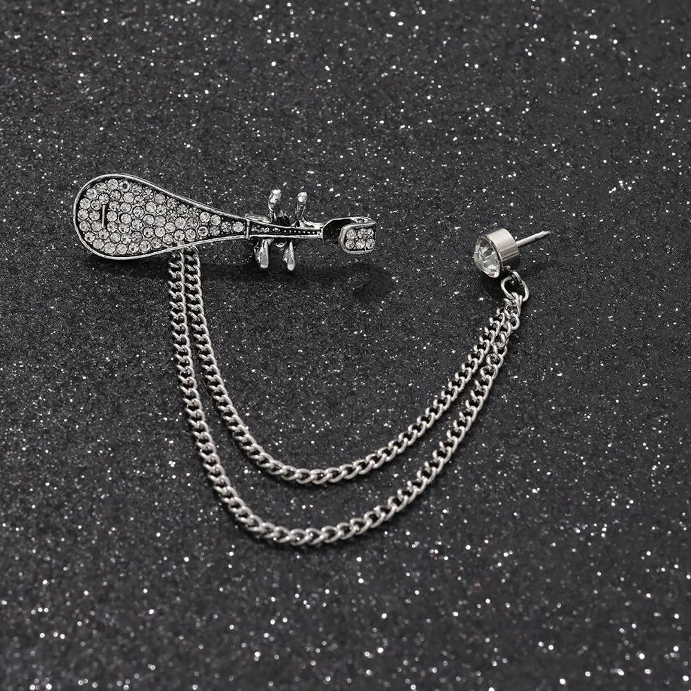 British Style High-end Maple Leaf Brooch with Rhinestone Chain Fashion Vintage Tassel Badge Lapel Pin for Men's Suit Accessories