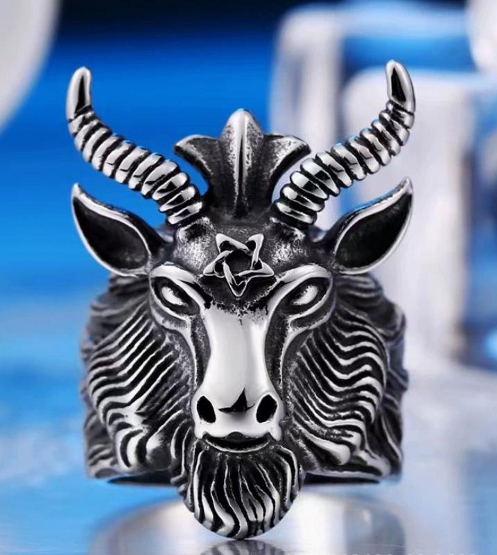 Satanic Ram Head Pentagram Ring: Men's Retro Anubis Punk Jewelry
