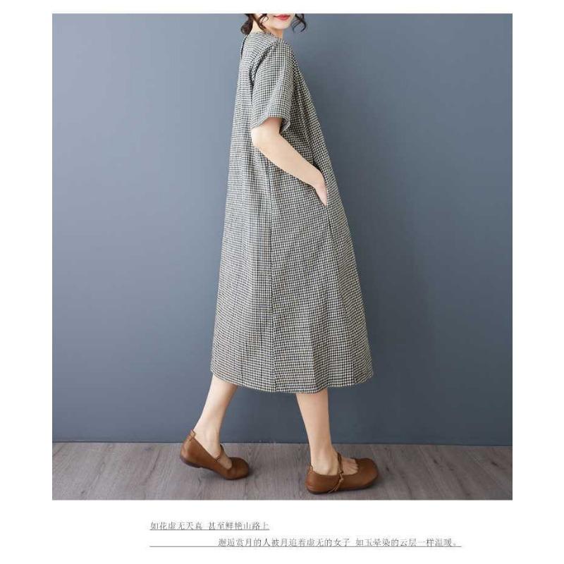 Breathable Mid Length Round Neck Short Sleeved Dress for Women