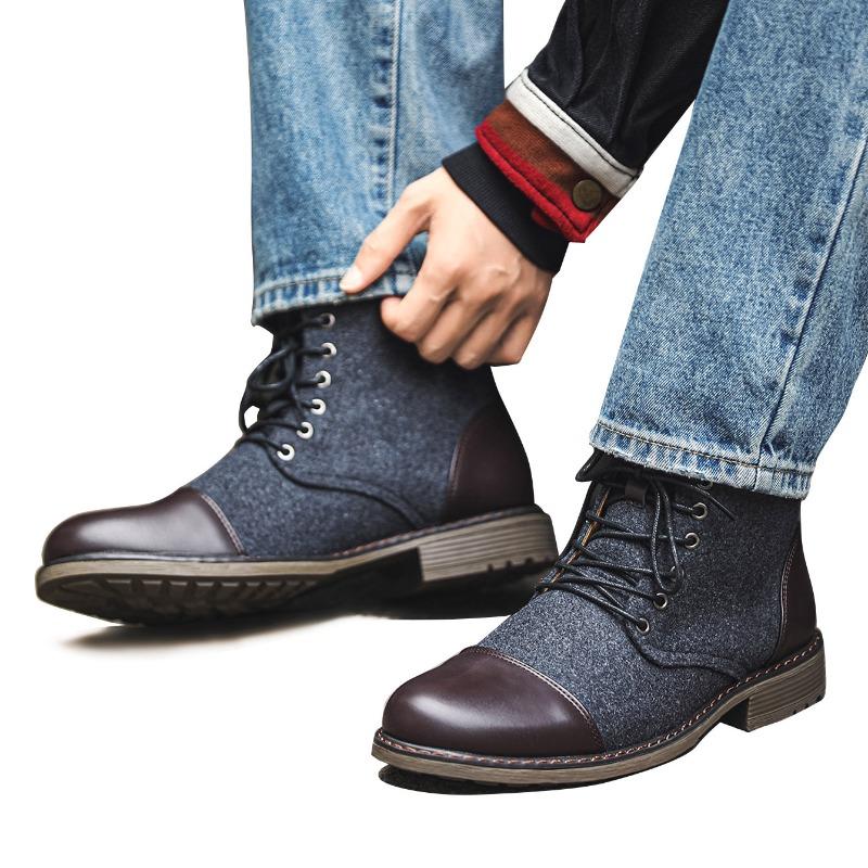 Stivali da Uomo in Pelle Retro Punta Tonda Stivaletti da Uomo High-Top Colore Misto Piattaforma Stivali da Cavaliere Moda Casual Scarpe da Uomo