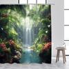 Tropisk jungellandskap dusjforheng grønne planter palmetre fossefall skog naturlandskap hjem baderomsgardin dekorsett