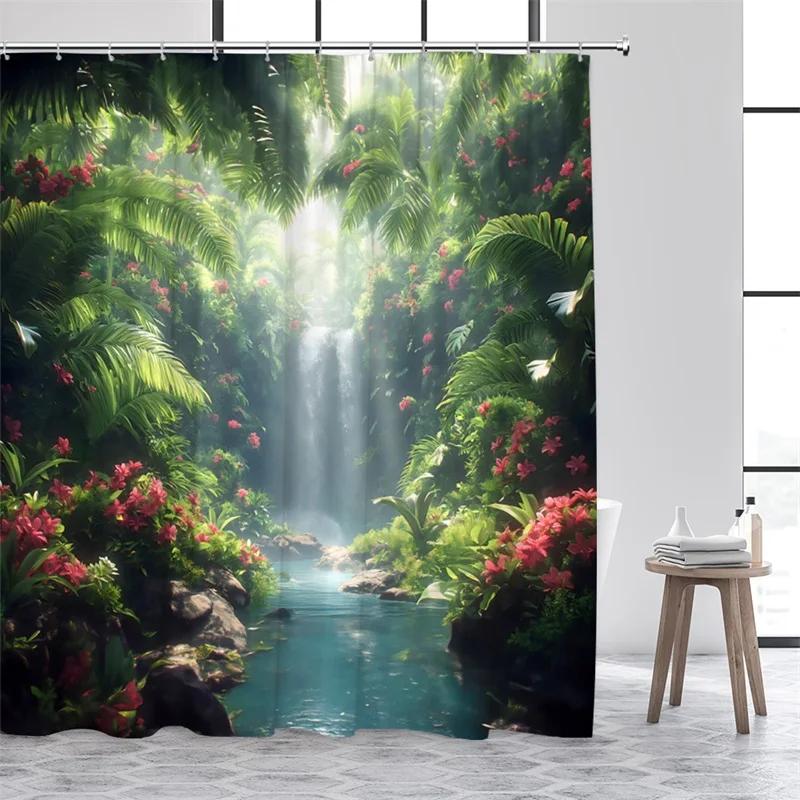 Tropical Jungle Landscape Shower Curtains Green Plants Palm Tree Waterfall Forest Nature Scenery Home Bathroom Curtain Decor Set