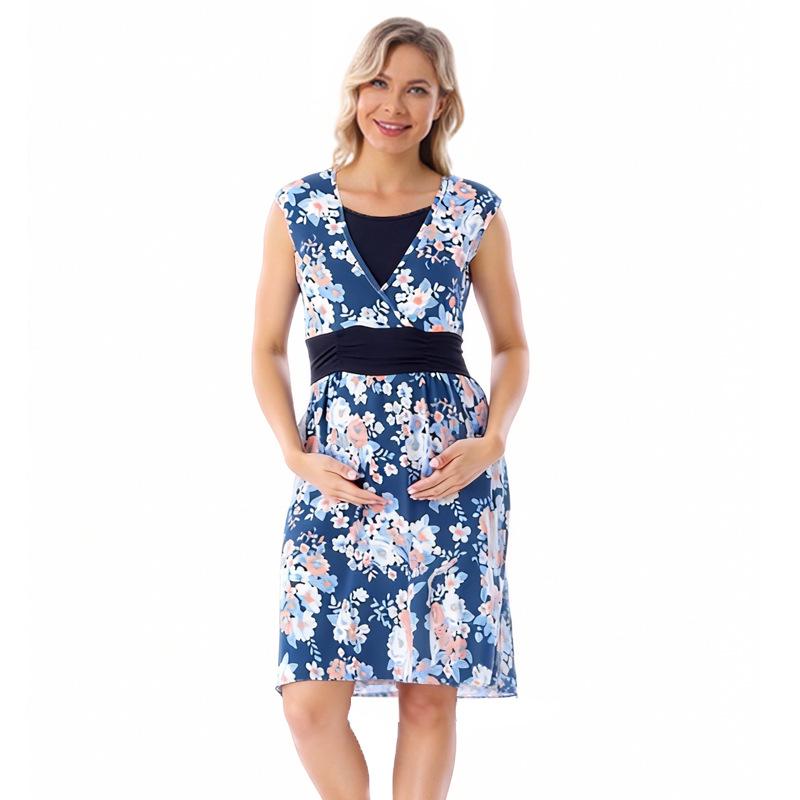 Plus Size Floral Maternity Dress with Collar - European American Style, Modal Fabric, Mid-Length for Summer & Nursing XXL