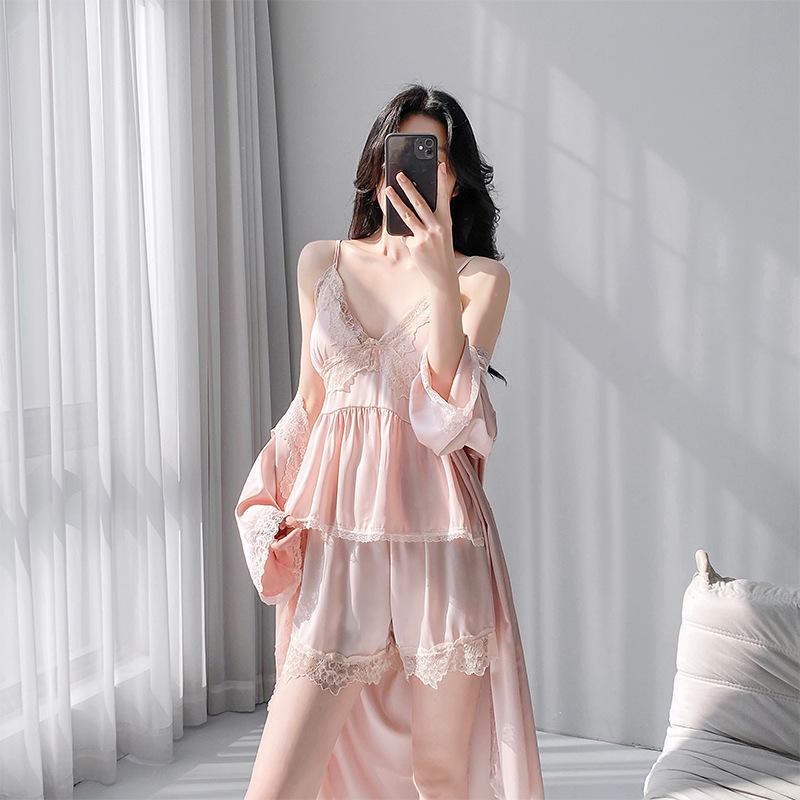 French pure desire lace pajamas women's summer ice silk suspender nightdress with blouse sexy loungewear