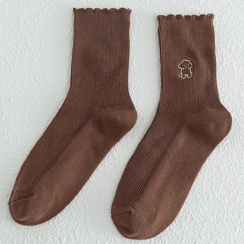 5 Pairs of Women's Autumn and Winter Lace Preppy Cute Cartoon Wooden Ear Edge Cotton Tube Pile Socks