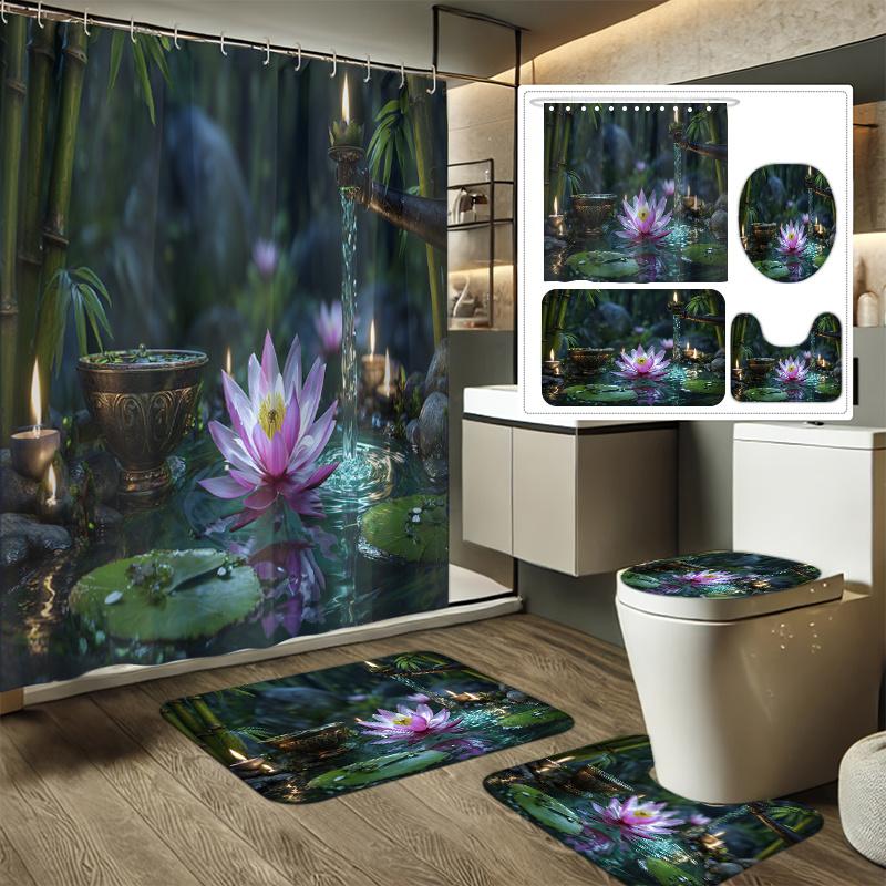 

4pcs Zen for Lotus Pond Night Scene Printed Shower Curtain Set, Bathroom Decor Kit Includes Shower Curtain, Non-Slip Mat, Toil 90x180cm