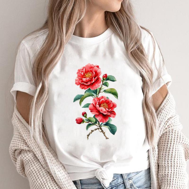 

(Asian Size) sweet flower trend 90s O-neck Short Sleeve T-shirts Print Casual Top T Graphic Tee Fashion Female Women s Clothing S