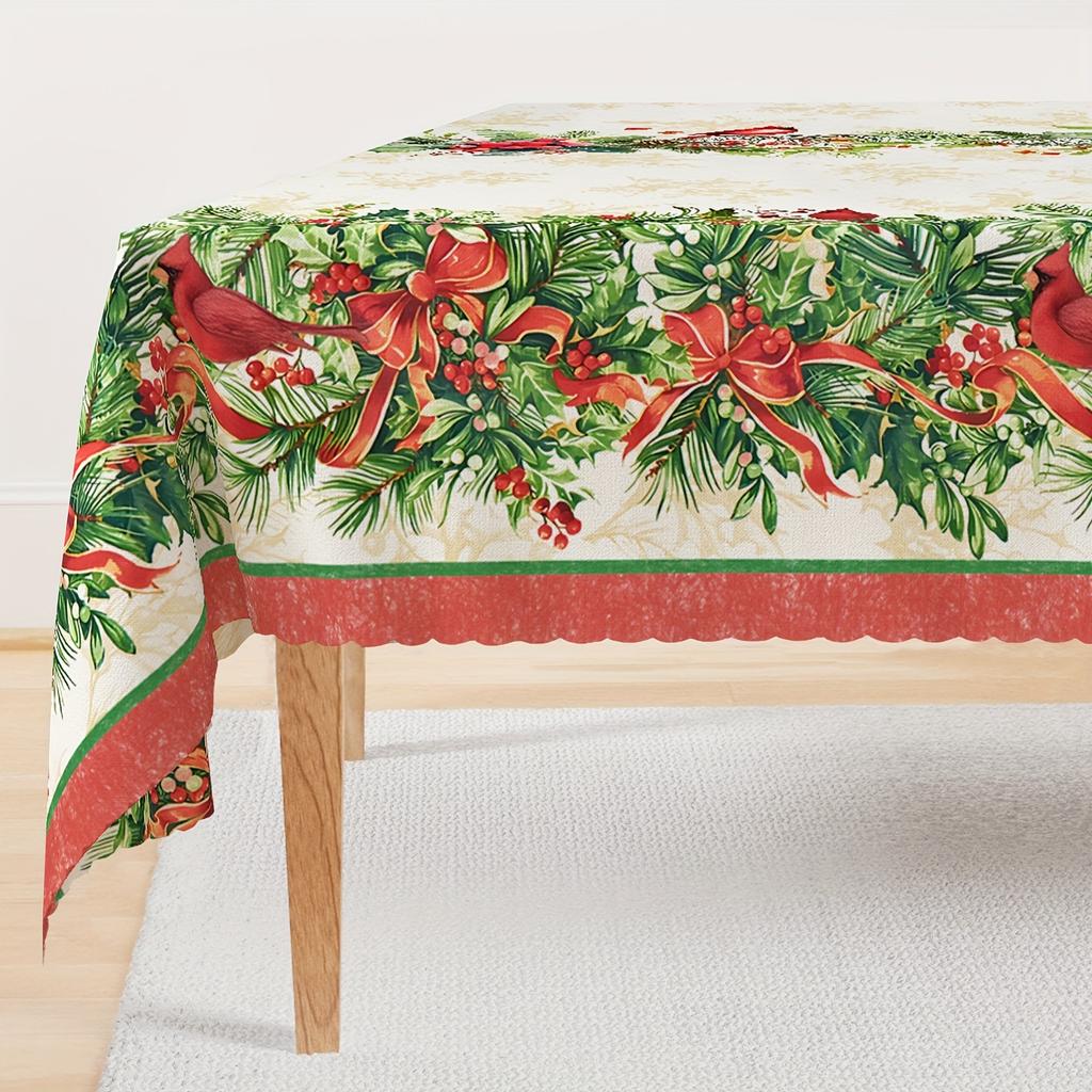 Christmas Holly Berry Bird Waterproof Tablecloth Table Decor Winter Xmas Holiday Kitchen Dining Tablecloth Christmas Decorations