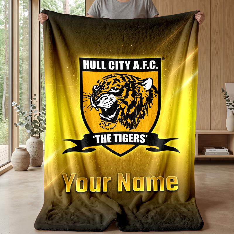 Coperta di Flanella con Testo Nome Personalizzato Hull City Logo Calcio Plaid in Pile Personalizzato Regalo Speciale per Divano Camera da Letto Casa