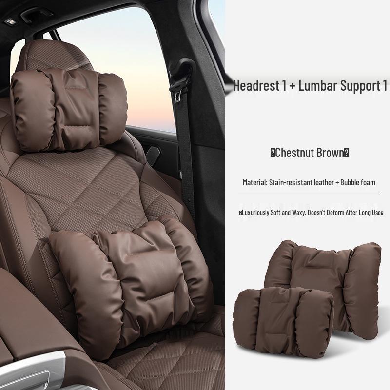 Nappa Leather Car Headrest & Lumbar Support Pillow Set - Universal Comfort Interior Accessory