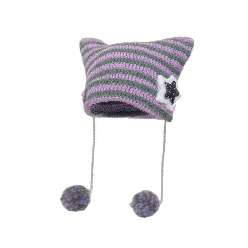 Korean Style Knitted Kitten Ears Beanie - Striped, Warm, Unisex Wool Hat for Students