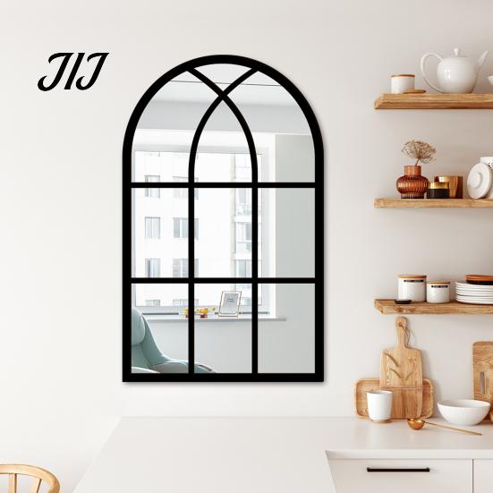 Arched Wall Mirror Stickers Window Decor, Wooden Frame Acrylic Fake Mirror, Minimalist Arch Self-Adhesive Windowpane Sticker for Living Room