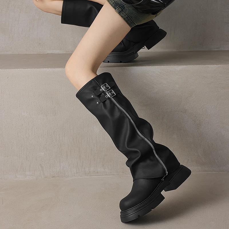 2024 High Quality Ladies Shoes Zipper Autumn Knee-High Women's Boots Round Toe Solid Platform Water Proof Fashion High Boots