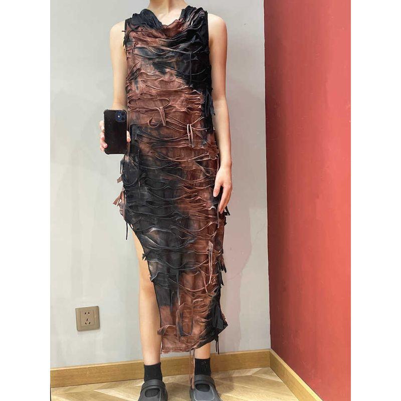 

Export Single Wandering Waste Soil Wind Tie-Dyed Fashion Swing Collar Split Broken Hole Design Midi Dress Dress Figure color 3XL