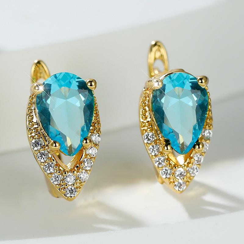 New drop-shaped emerald zircon plated champagne gold ear buckle wedding earrings women's jewelry