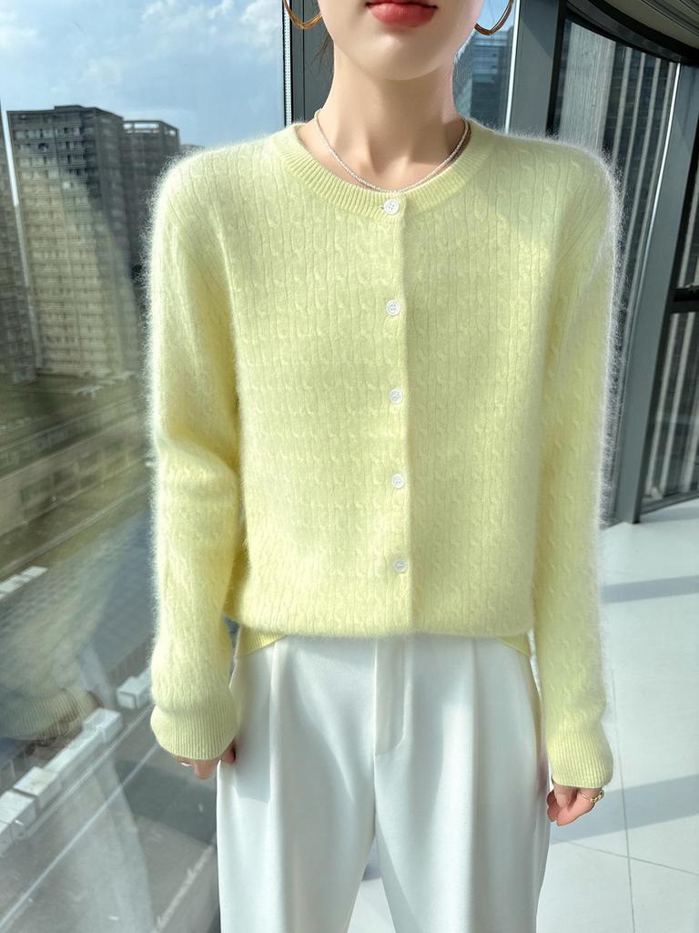 Women's Retro Cable Knit Mink Velvet Cardigan - Round Neck, Long Sleeve, Loose Fit, Short Sweater Coat