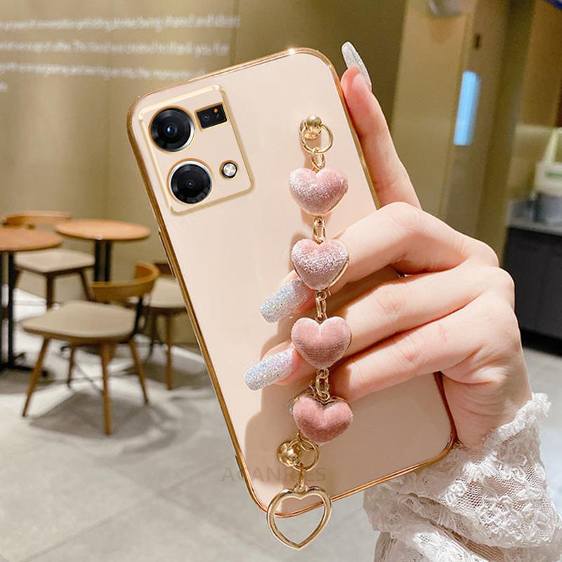 Reno7 4g Love Heart Bracelet Case For Oppo Reno 7 5 6 8 Lite 7lite 8t Reno6 Reno5 Chain Plating Silicone Cover Realme 10 9 Pro