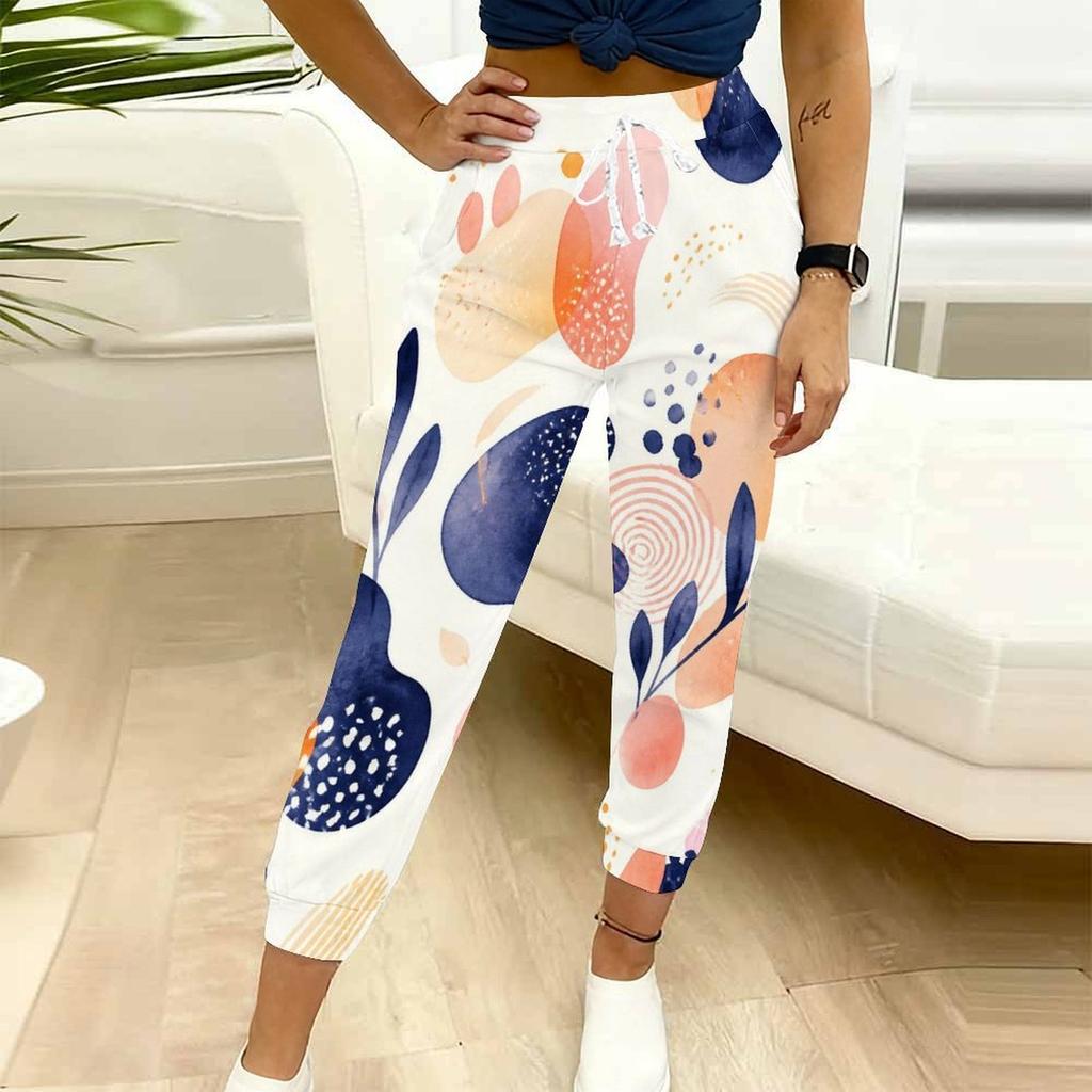 Women Plus Size Casual Printed Drawstring Waist Jogger Pants Side Pockets Cuffed Ankle