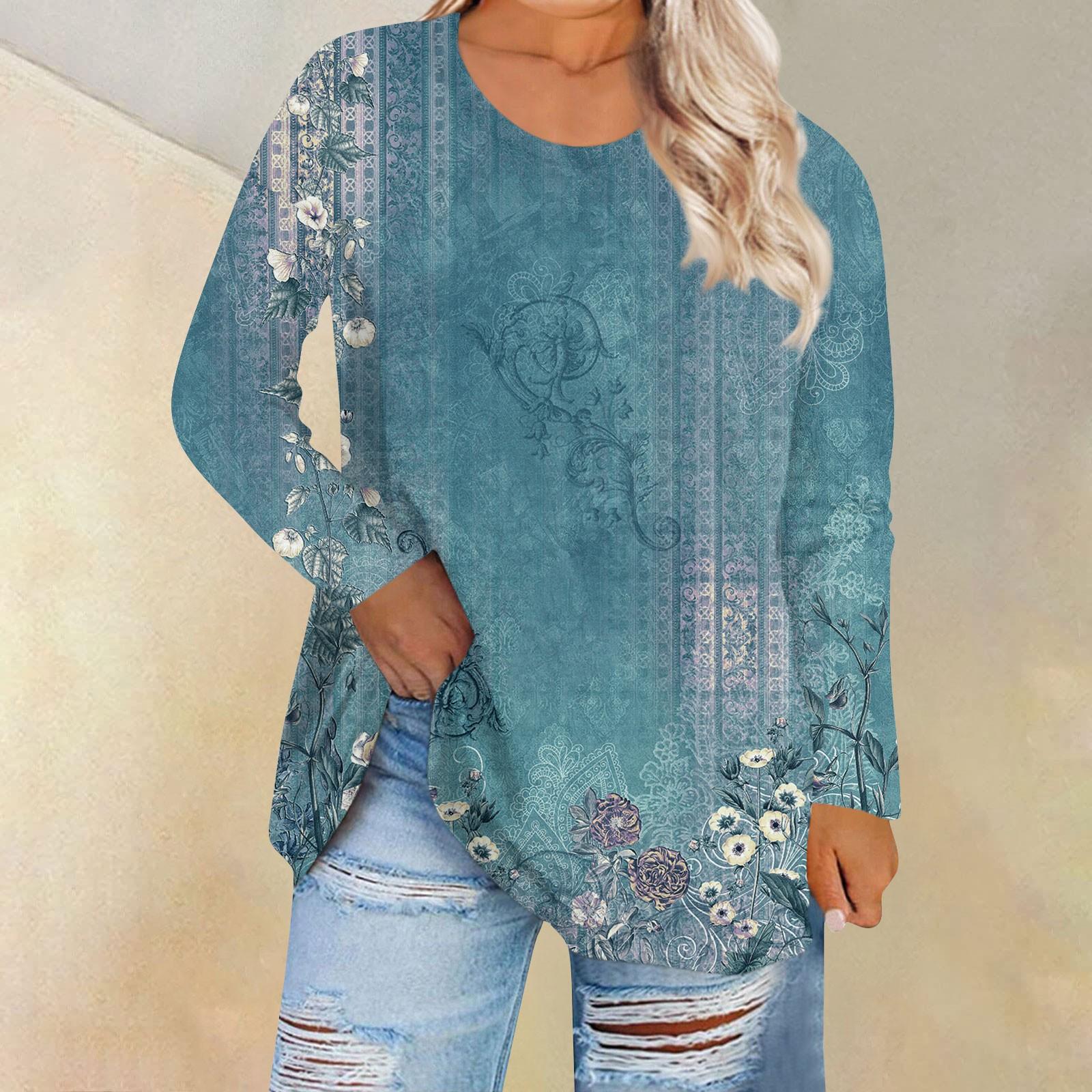 

Женская свободная и удобная футболка с длинным рукавом и длинным рукавом с большим топом и принтом, повседневная XXXXXL циан