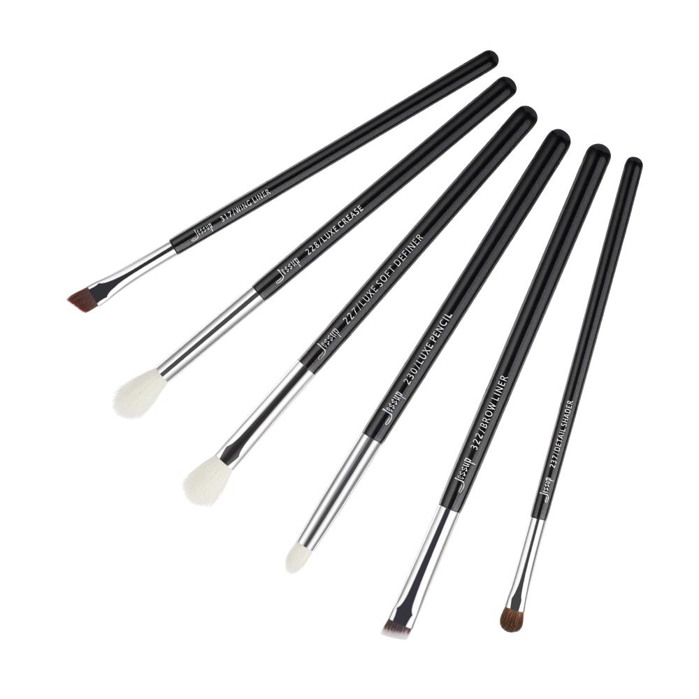 Jessup Černá/stříbrná sada profesionálních štětců na make-up Sada kosmetických pomůcek štětců na oči Eye Shader Liner z přírodních syntetických vlasů 6ks