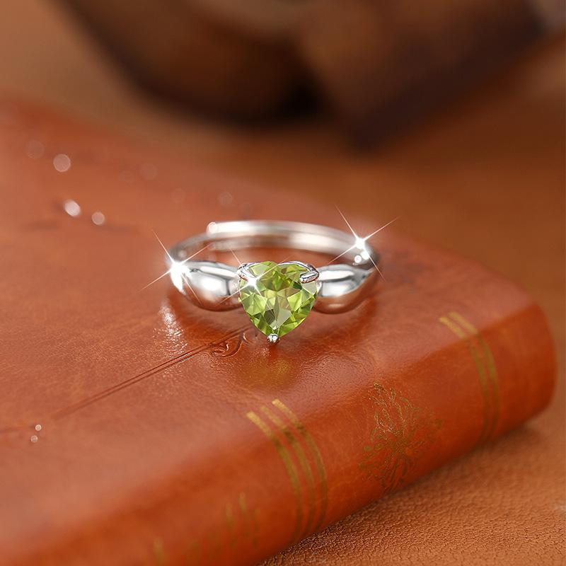 Natural Peridot Ring S925 Sterling Silver Inlaid Heart Crystal Stone 7mm Daily Women's Jewelry Gifts