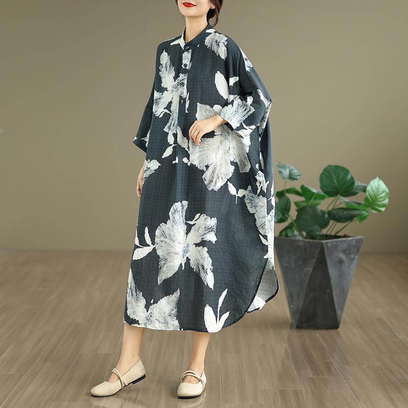 DIMANAF 2025 Women Plus Size Spring Long Dress Loose Basic Printing Vintage Casual Floral Oversize Long Sleeve Maxi