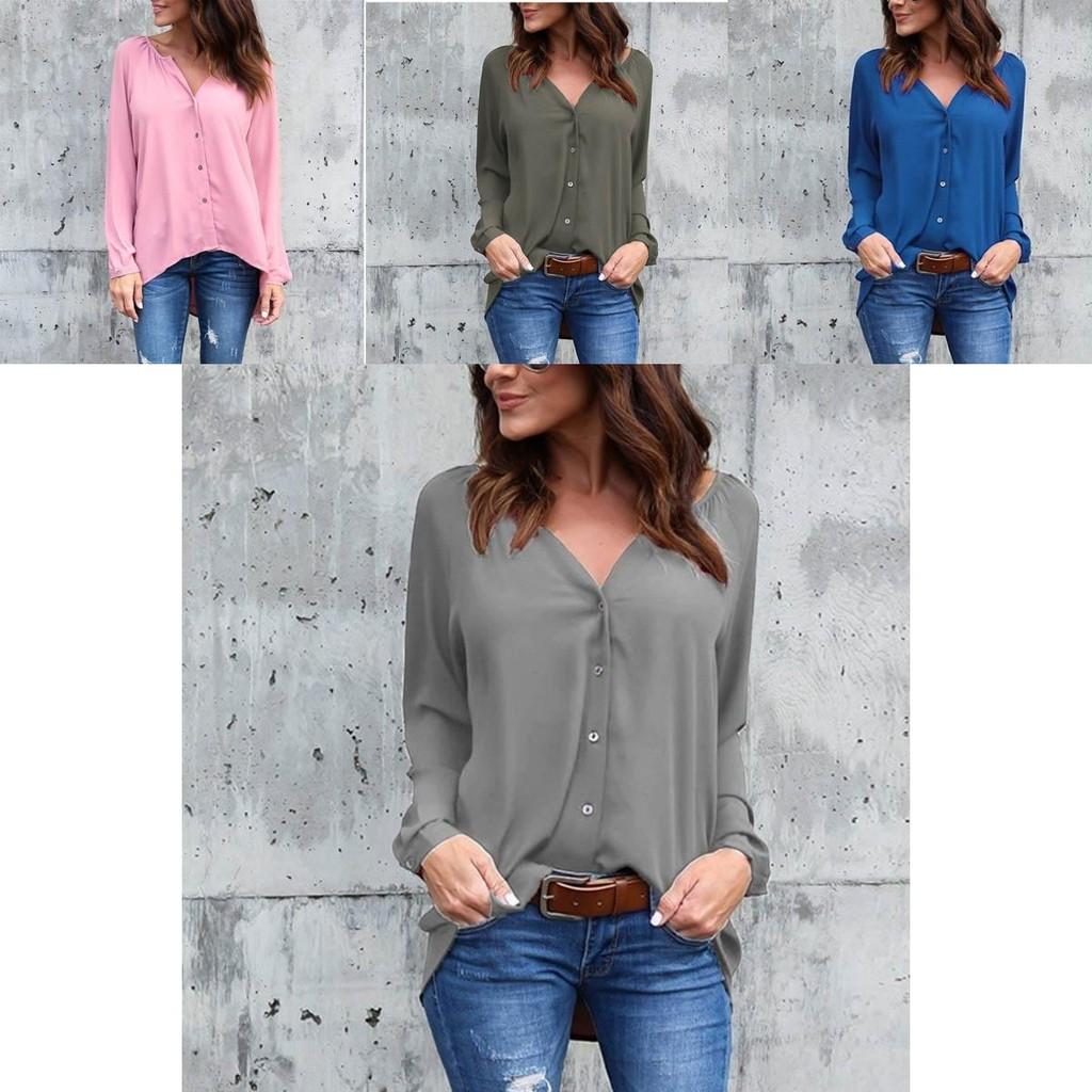 Premium Quality Spring Fashion V Collar Fold Button Long-sleeved Loose Chiffon Shirt In 8 Stunning Colors