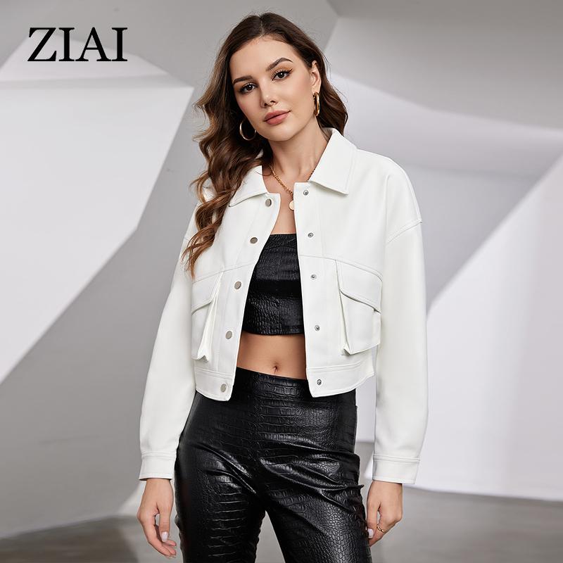 

ziai Новая весна осень женская короткая куртка из искусственной кожи повседневное пальто из искусственной кожи свободные мотоциклетные куртки модная уличная одежда большое корейское пальто YDP-21762 XXL белый