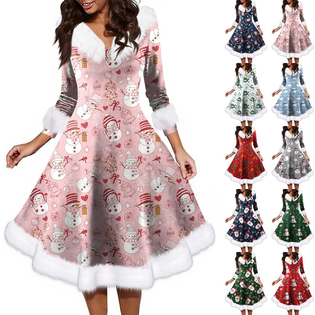 Women's Fashion V-neck Casual Fit Christmas Print Party Long Sleeve Dress