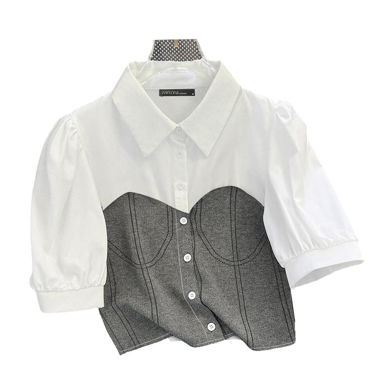 

ZANZEA Women Turn Down Collar Casual Patchwork Short Sleeve Cropped Blouse S серый