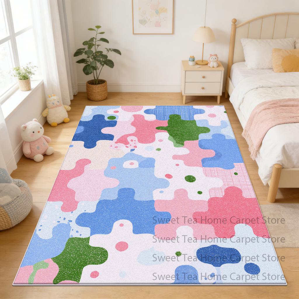 Modern Cute Color Blocking Bedroom Bedside Mat Decoration Machine Washable Soft Parlor Dining Room Carpet Non-slip Kitchen Rug