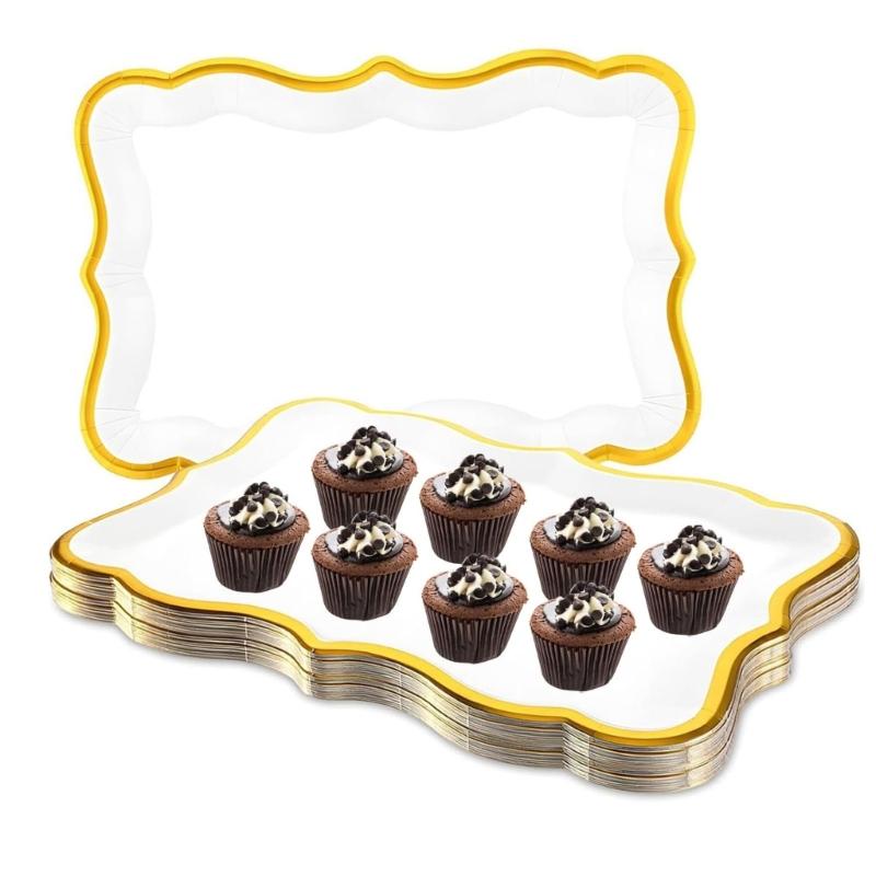 Set of 10 White Paper Party Plates with Gold Trim for Cake Service, Reception Dining and Dessert Table Hosting at Family Gatherings