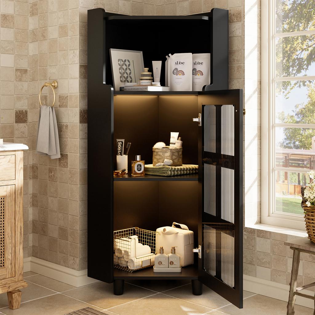 Black Corner Cabinet with Lacquer Finish & LED Lighting – Corner Dresser with App Control, for Living Room, Bookshelf, Bathroom (63.5*124 cm, Black)