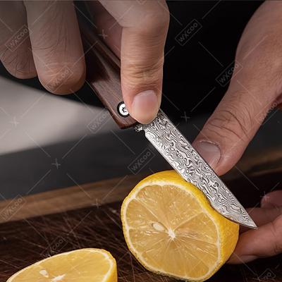 WXCOO Damascus Steel Folding Knife Household Kitchen Fruit Peeling Meat Cleaver Boning Pocket Knife Wooden Handle Cooking