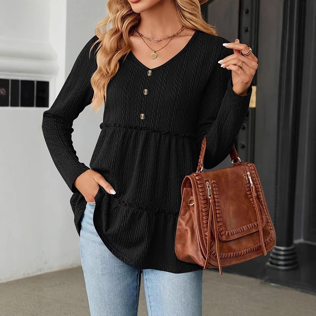 

Однотонная футболка с длинным рукавом и V-образным вырезом, пэчворк, для осени/зимы 2025 XL чёрный